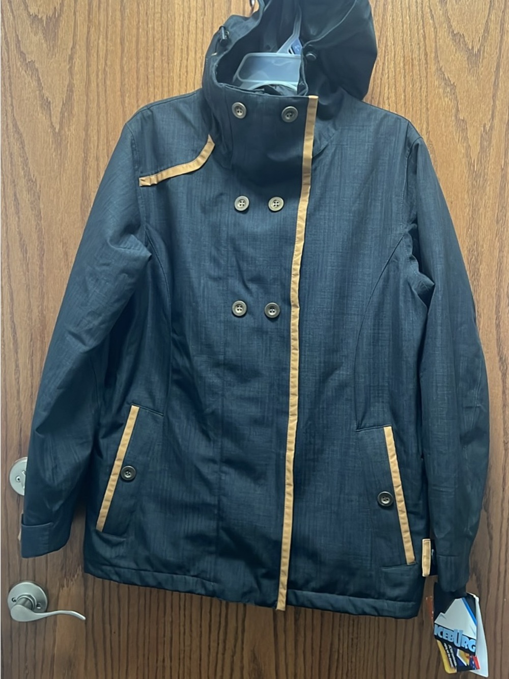 Iceberg Black Trench Coat with Tan Trim Accents